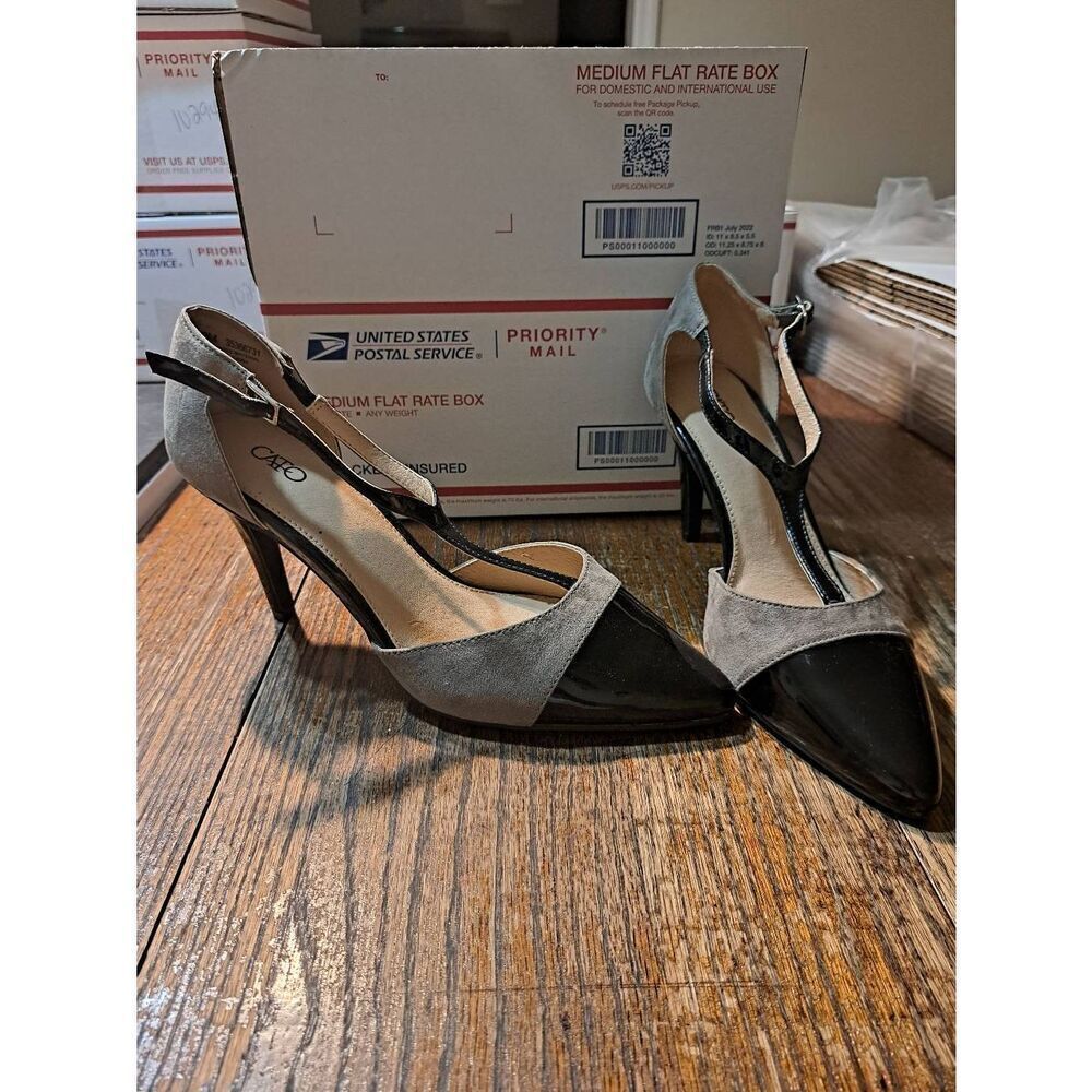 10M Cato Black Tan Pointed Toe Foot Strap Stiletto Pump High Heel Dress Shoes